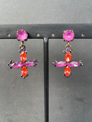 Pink Crystal Cross Earrings