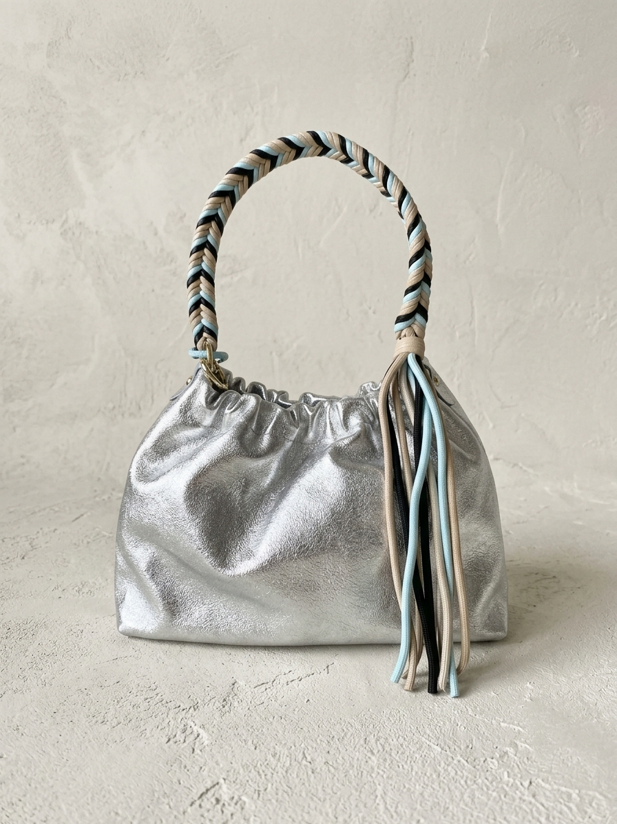 Plissa Silver Leather Bag with Tassel